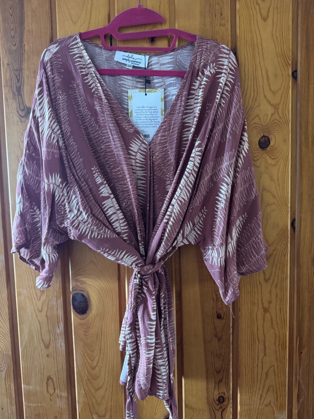 BNWT Simply sisters kimono cover up Mauve Botanical Tie-Front Women's Top